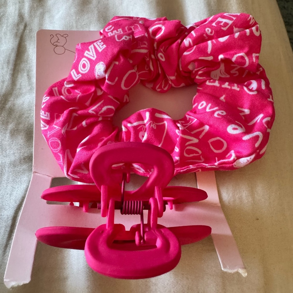 Pink Love Print Scrunchie and Hair Clip Set